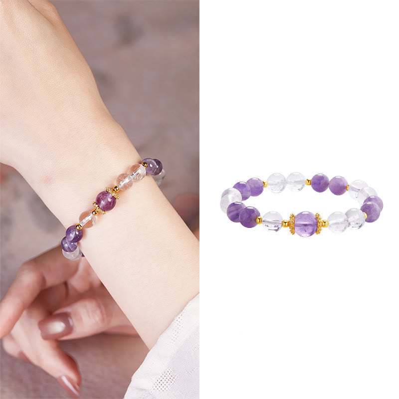Buddha Stones 925スターリングシルバー 天然アメジスト ホワイトクリスタル バランスブレスレット