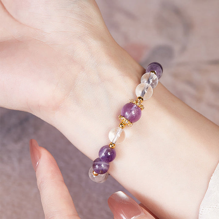 Buddha Stones 925スターリングシルバー 天然アメジスト ホワイトクリスタル バランスブレスレット
