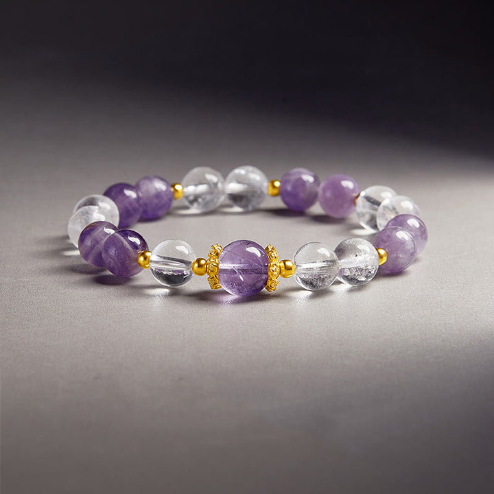 Buddha Stones 925スターリングシルバー 天然アメジスト ホワイトクリスタル バランスブレスレット