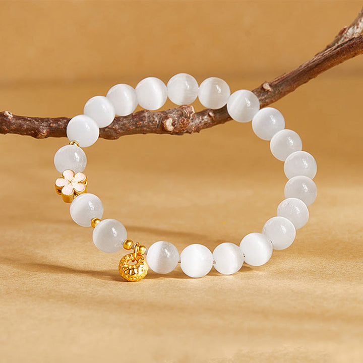 Buddha Stones925スターリングシルバー 天然ピーチブロッサム ホワイトキャッツアイ ポジティブブレスレット