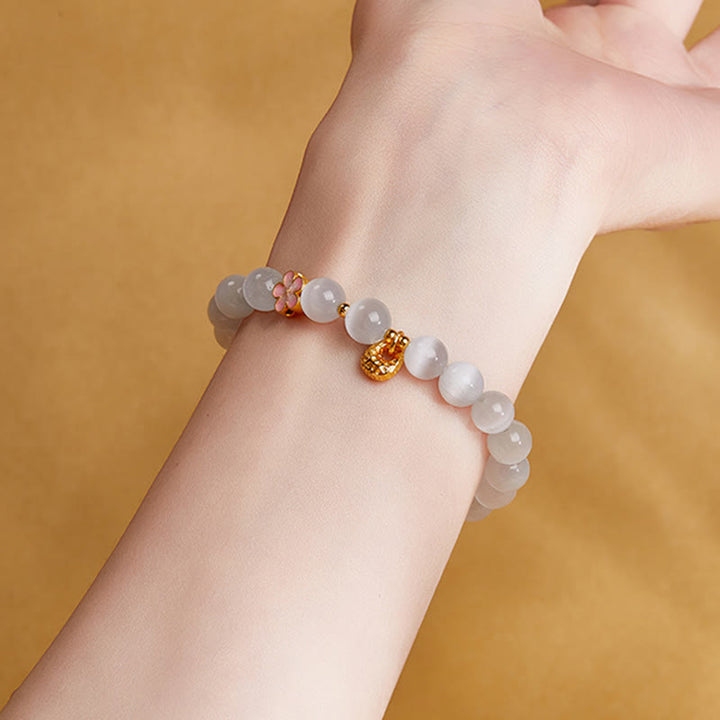 Buddha Stones925スターリングシルバー 天然ピーチブロッサム ホワイトキャッツアイ ポジティブブレスレット