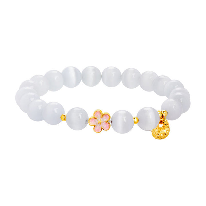 Buddha Stones925スターリングシルバー 天然ピーチブロッサム ホワイトキャッツアイ ポジティブブレスレット