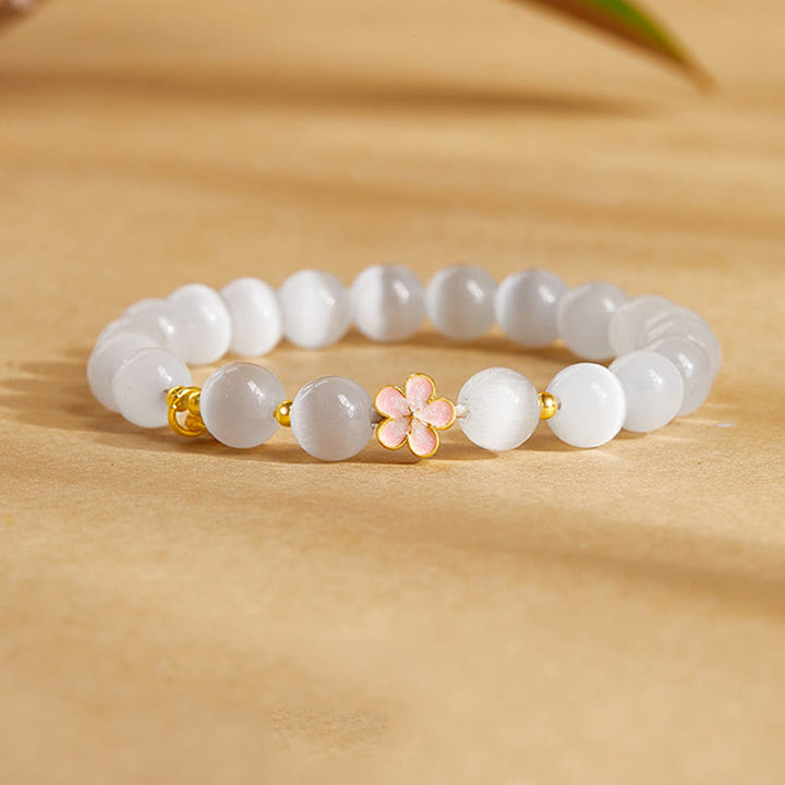 Buddha Stones925スターリングシルバー 天然ピーチブロッサム ホワイトキャッツアイ ポジティブブレスレット