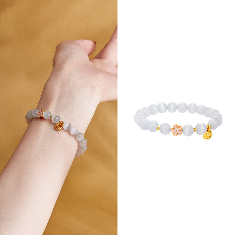 Buddha Stones925スターリングシルバー 天然ピーチブロッサム ホワイトキャッツアイ ポジティブブレスレット