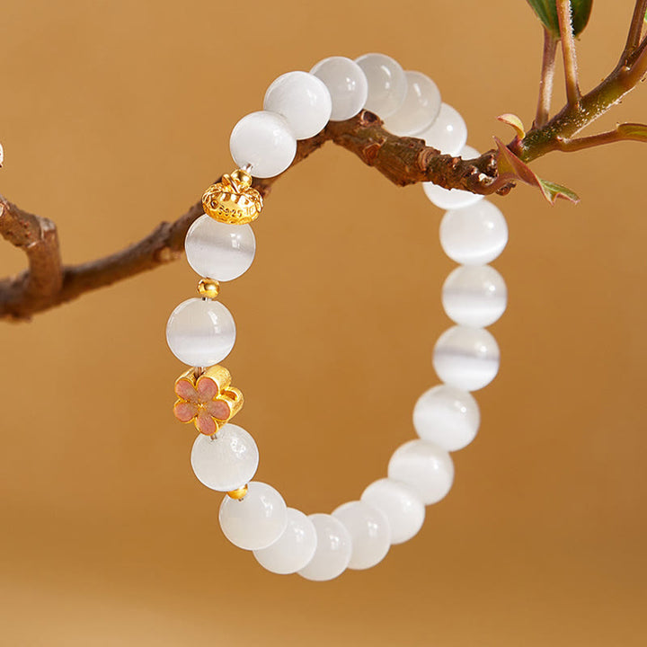 Buddha Stones925スターリングシルバー 天然ピーチブロッサム ホワイトキャッツアイ ポジティブブレスレット