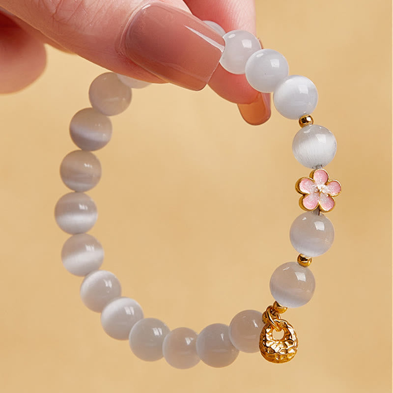 Buddha Stones925スターリングシルバー 天然ピーチブロッサム ホワイトキャッツアイ ポジティブブレスレット