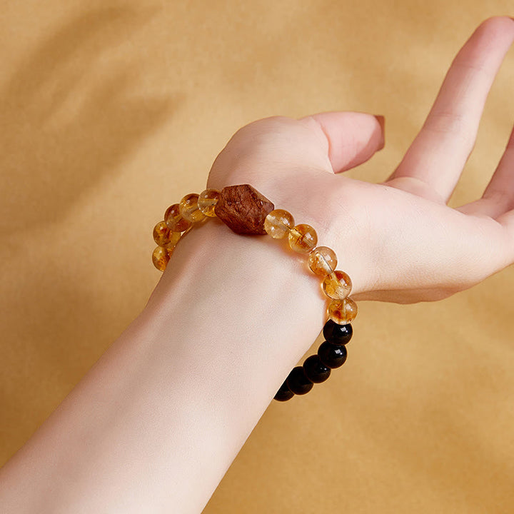 Buddha Stones天然ブラックオブシディアン シトリン スーパーセブン クリスタル ストレングスブレスレット