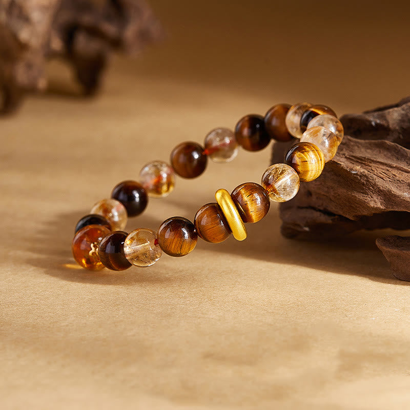 Buddha Stones 999スターリングシルバー 天然シトリン タイガーアイ ピース平和のお守りチャーム守護ブレスレット - image 1