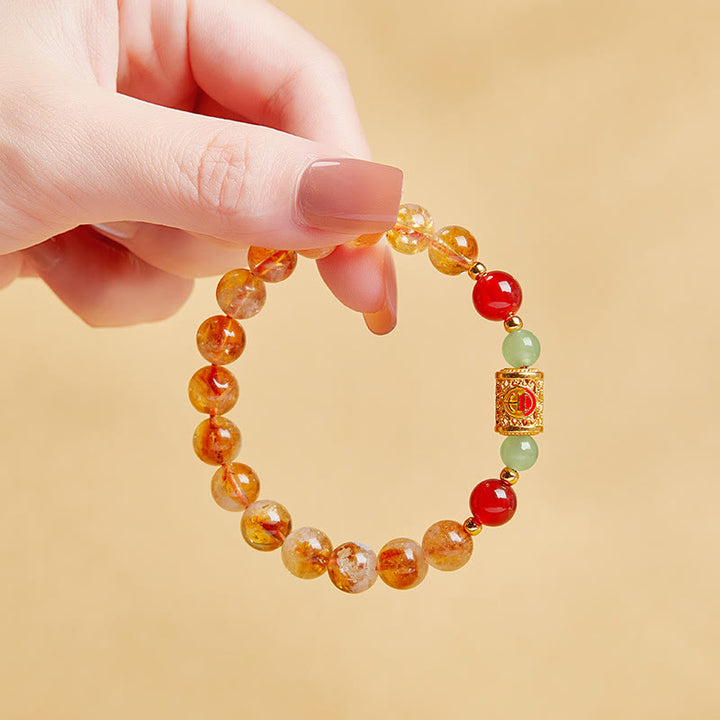 Buddha Stones 999スターリングシルバー 天然シトリン レッドアゲート 和田翡翠ビーズ 守護ブレスレット