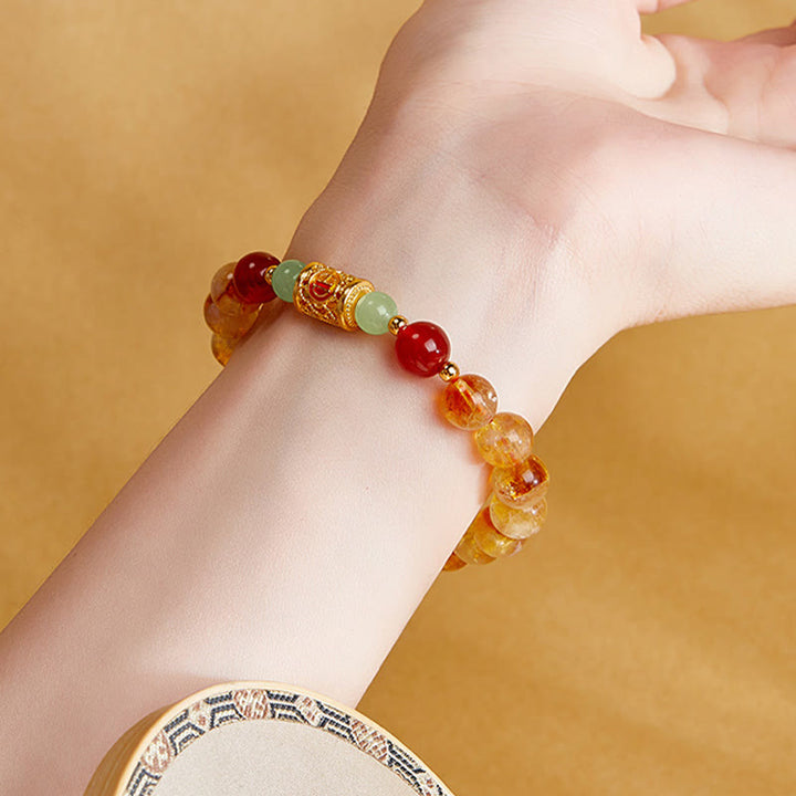 Buddha Stones 999スターリングシルバー 天然シトリン レッドアゲート 和田翡翠ビーズ 守護ブレスレット