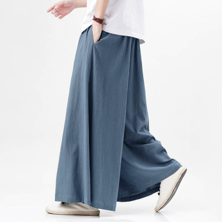 Buddha Stones春 カジュアル スポーツ ドローストリングデザイン メンズ コットンリネン ワイドレッグパンツ ポケット付き - image 1