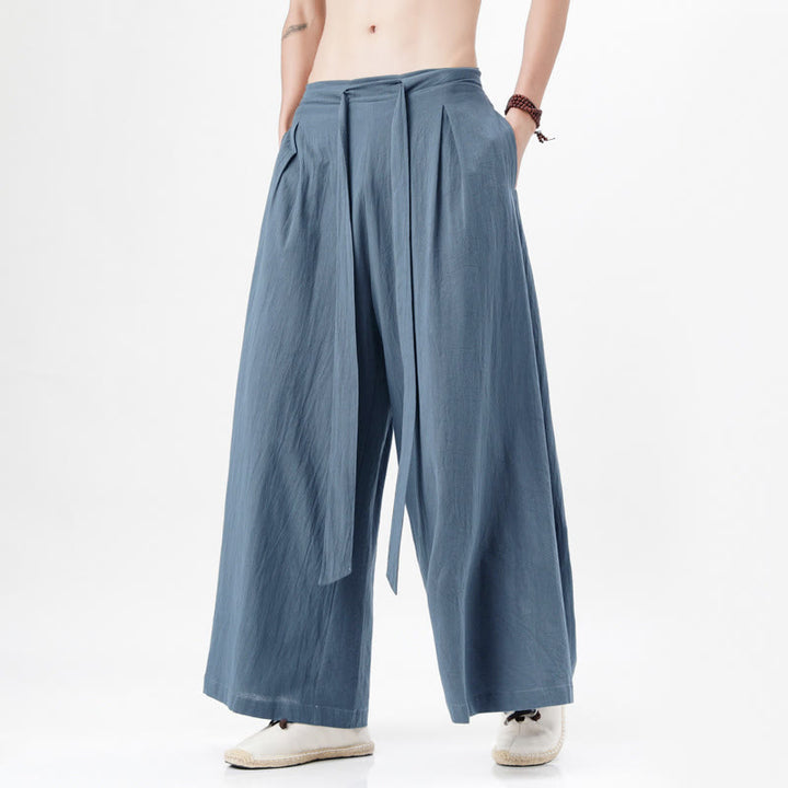 Buddha Stones春 カジュアル スポーツ ドローストリングデザイン メンズ コットンリネン ワイドレッグパンツ ポケット付き - image 10