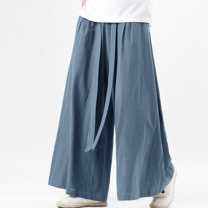 Buddha Stones春 カジュアル スポーツ ドローストリングデザイン メンズ コットンリネン ワイドレッグパンツ ポケット付き - image 3