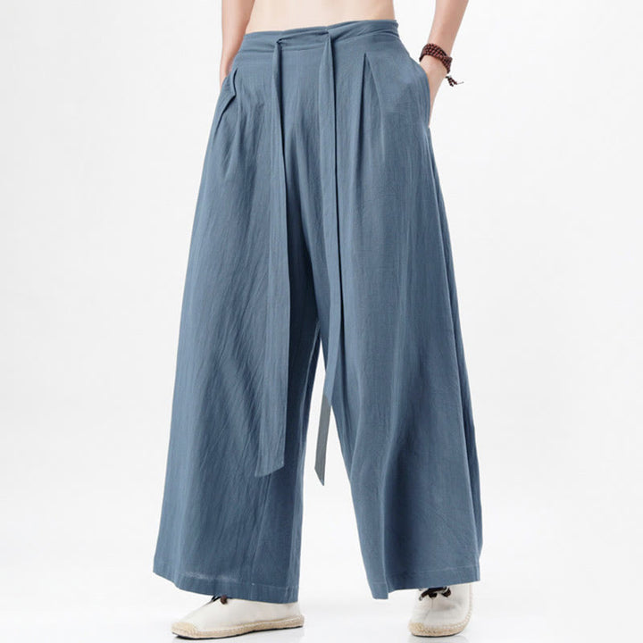 Buddha Stones春 カジュアル スポーツ ドローストリングデザイン メンズ コットンリネン ワイドレッグパンツ ポケット付き - image 8