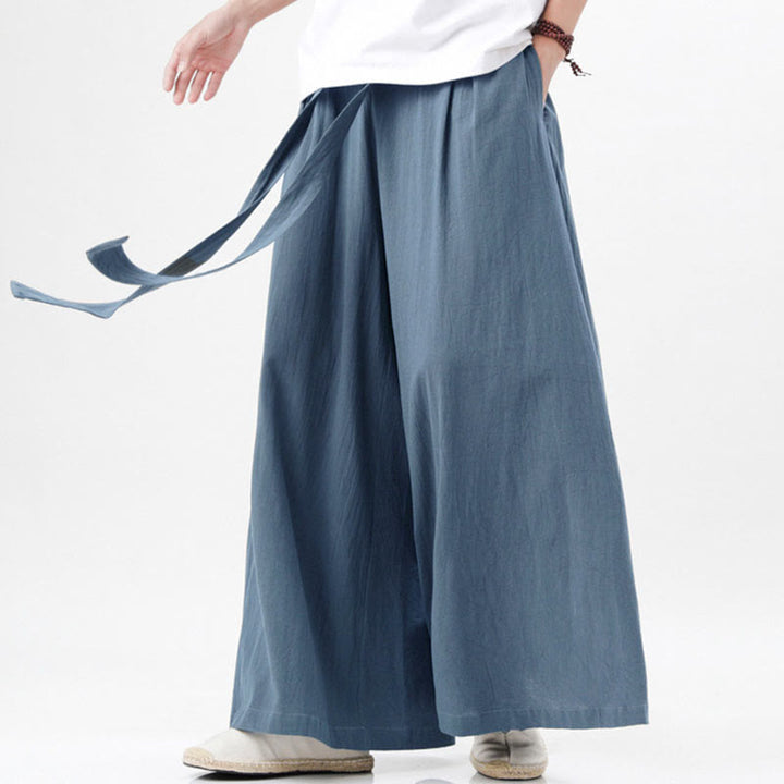 Buddha Stones春 カジュアル スポーツ ドローストリングデザイン メンズ コットンリネン ワイドレッグパンツ ポケット付き - image 9