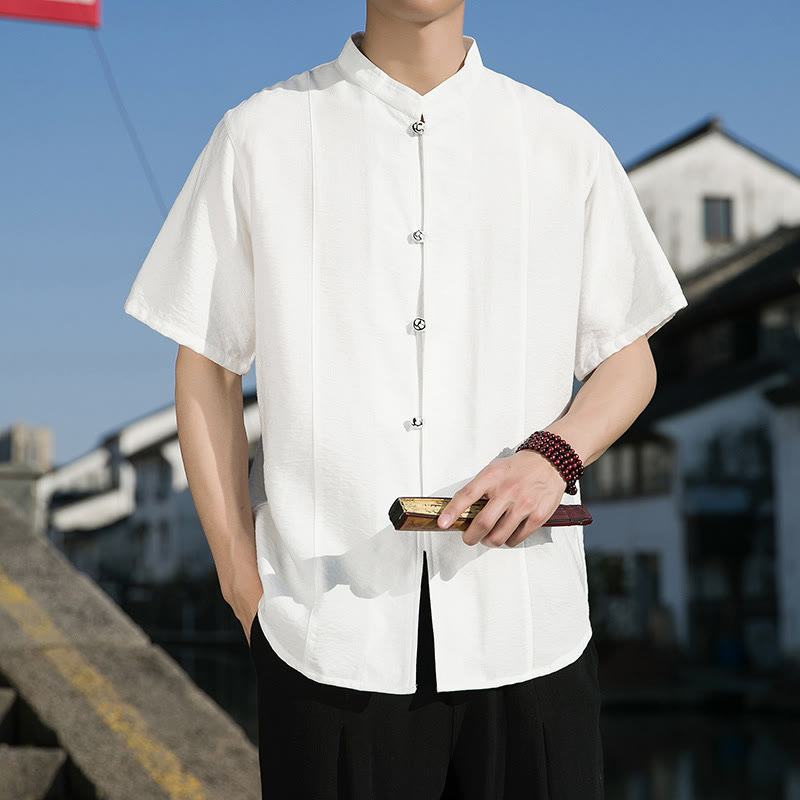 Buddha Stones夏用 無地 フロントボタンデザイン メンズ 半袖 コットンシャツ - 白 - US/UK/AU42、 EU52 (3XL) - image 0