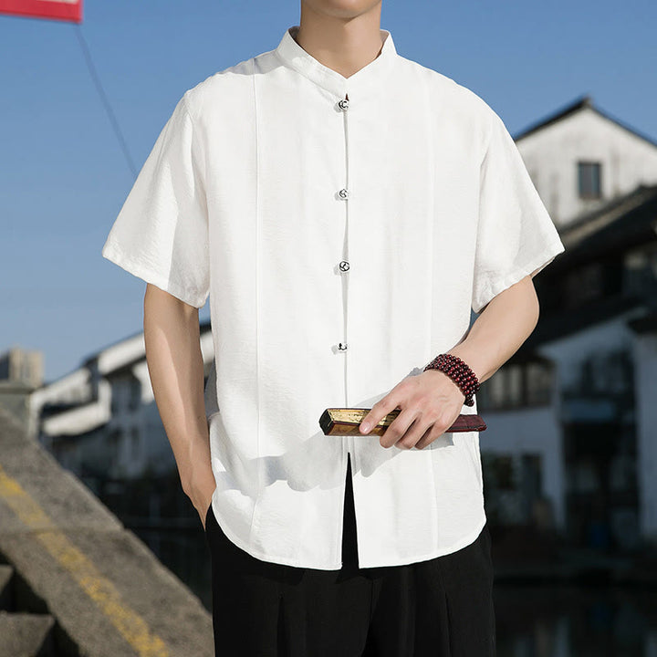 Buddha Stones夏用 無地 フロントボタンデザイン メンズ 半袖 コットンシャツ - 白 - US/UK/AU42、 EU52 (3XL) - image 0