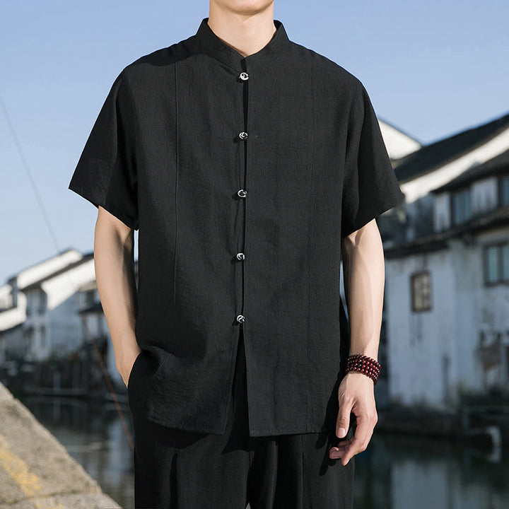 Buddha Stones夏用 無地 フロントボタンデザイン メンズ 半袖 コットンシャツ - 黒 - US/UK/AU42、 EU52 (3XL) - image 12