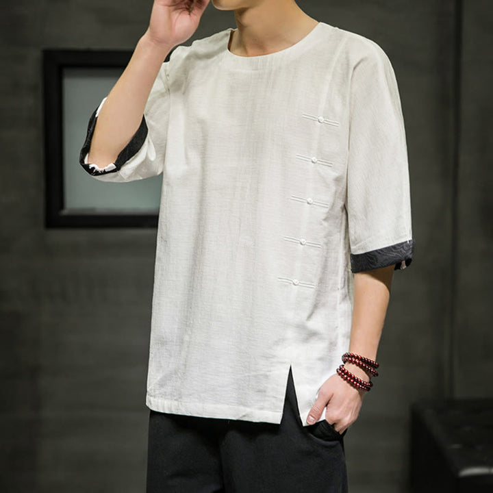 Buddha Stones夏 レトロ 無地 パッチワークデザイン メンズ 七分袖 コットン リネン Tシャツ