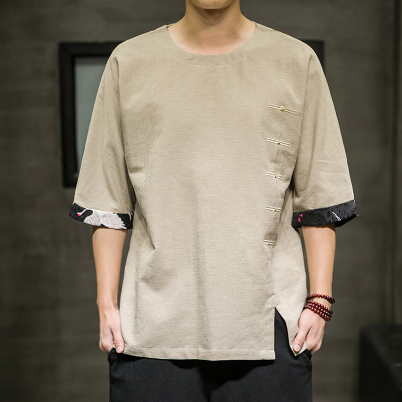 Buddha Stones夏 レトロ 無地 パッチワークデザイン メンズ 七分袖 コットン リネン Tシャツ