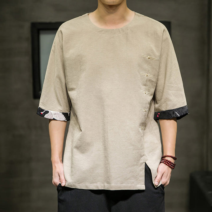 Buddha Stones夏 レトロ 無地 パッチワークデザイン メンズ 七分袖 コットン リネン Tシャツ