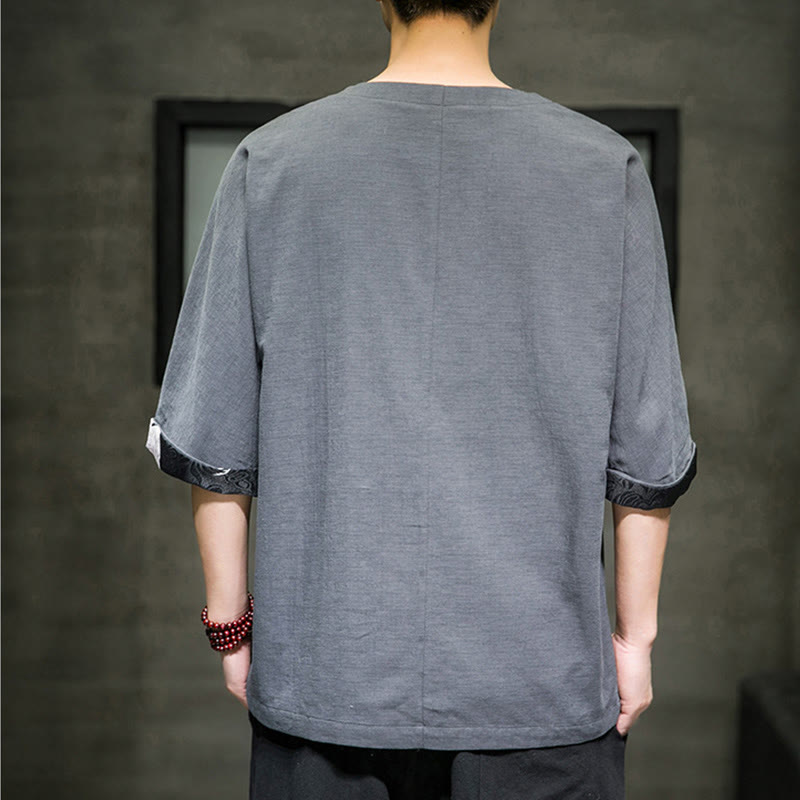 Buddha Stones夏 レトロ 無地 パッチワークデザイン メンズ 七分袖 コットン リネン Tシャツ