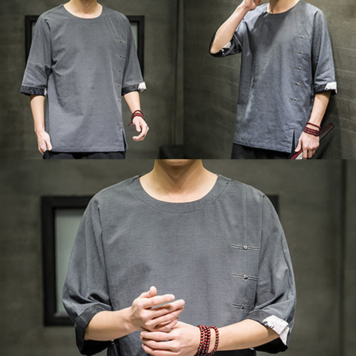 Buddha Stones夏 レトロ 無地 パッチワークデザイン メンズ 七分袖 コットン リネン Tシャツ