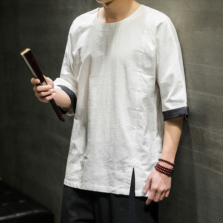 Buddha Stones夏 レトロ 無地 パッチワークデザイン メンズ 七分袖 コットン リネン Tシャツ