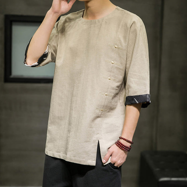 Buddha Stones夏 レトロ 無地 パッチワークデザイン メンズ 七分袖 コットン リネン Tシャツ