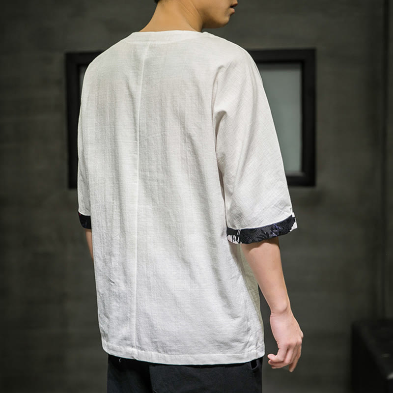 Buddha Stones夏 レトロ 無地 パッチワークデザイン メンズ 七分袖 コットン リネン Tシャツ
