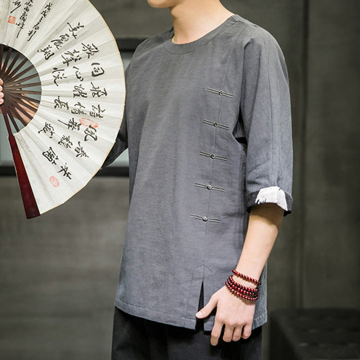Buddha Stones夏 レトロ 無地 パッチワークデザイン メンズ 七分袖 コットン リネン Tシャツ