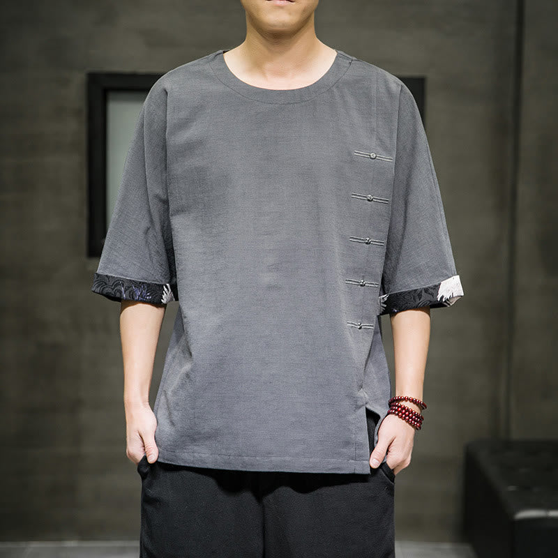 Buddha Stones夏 レトロ 無地 パッチワークデザイン メンズ 七分袖 コットン リネン Tシャツ