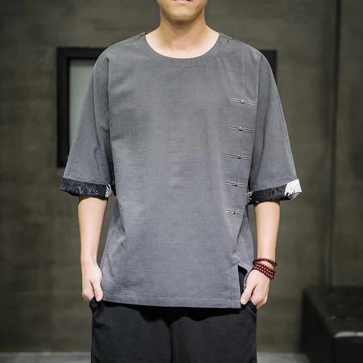 Buddha Stones夏 レトロ 無地 パッチワークデザイン メンズ 七分袖 コットン リネン Tシャツ