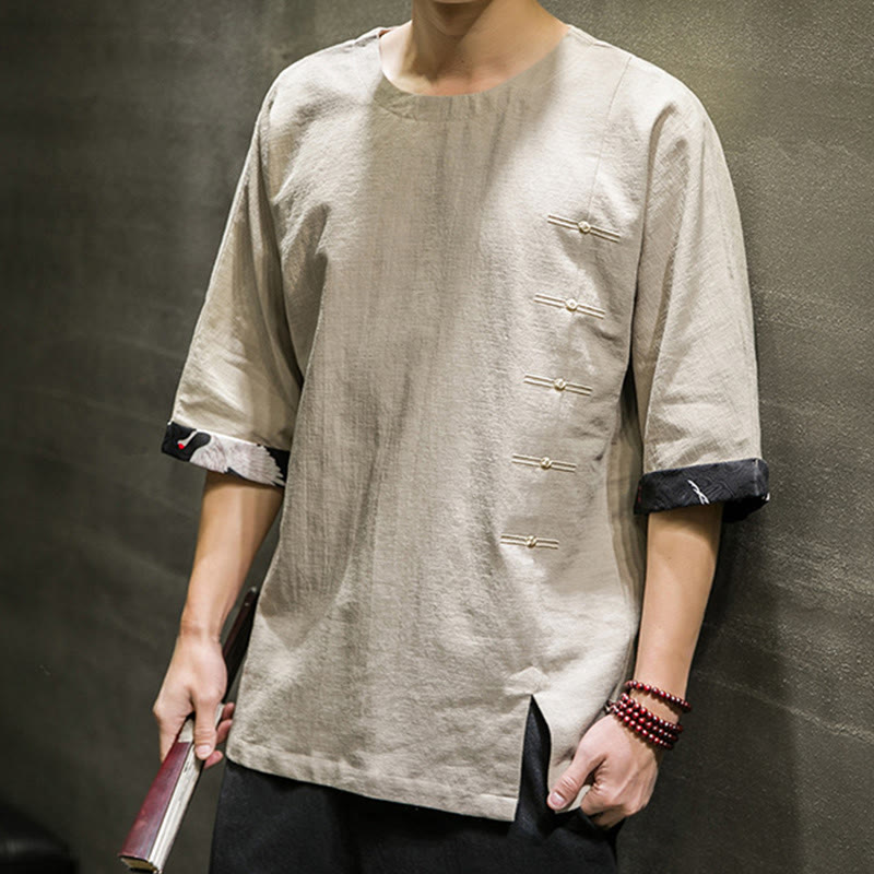 Buddha Stones夏 レトロ 無地 パッチワークデザイン メンズ 七分袖 コットン リネン Tシャツ