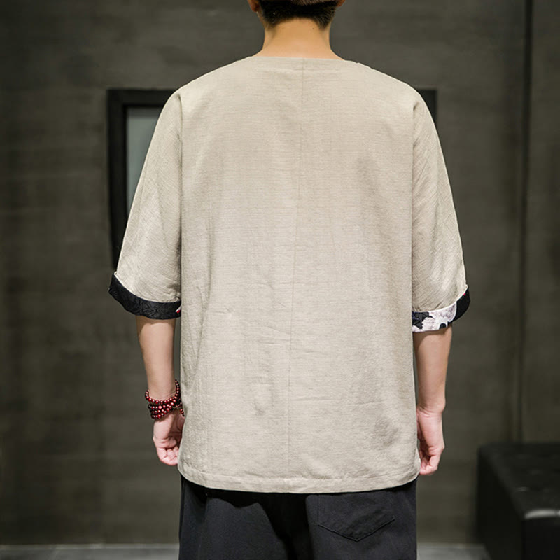 Buddha Stones夏 レトロ 無地 パッチワークデザイン メンズ 七分袖 コットン リネン Tシャツ