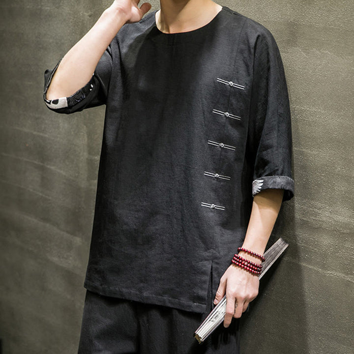 Buddha Stones夏 レトロ 無地 パッチワークデザイン メンズ 七分袖 コットン リネン Tシャツ