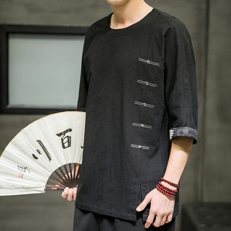 Buddha Stones夏 レトロ 無地 パッチワークデザイン メンズ 七分袖 コットン リネン Tシャツ