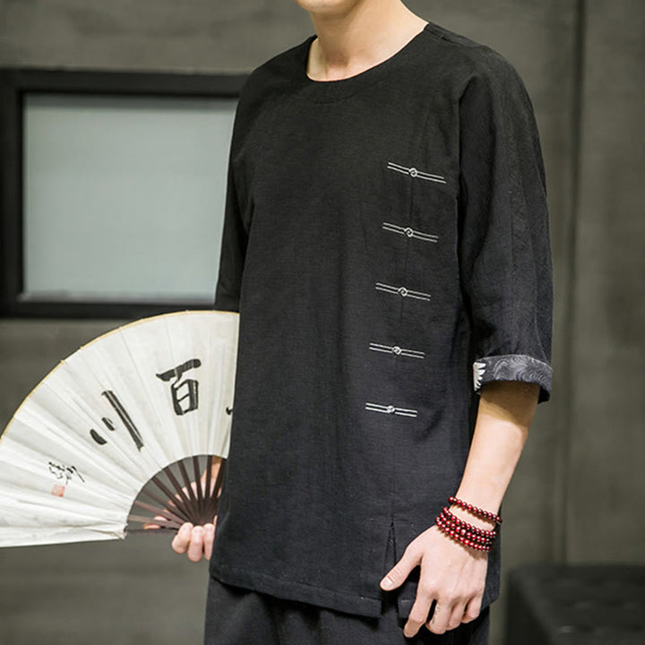 Buddha Stones夏 レトロ 無地 パッチワークデザイン メンズ 七分袖 コットン リネン Tシャツ