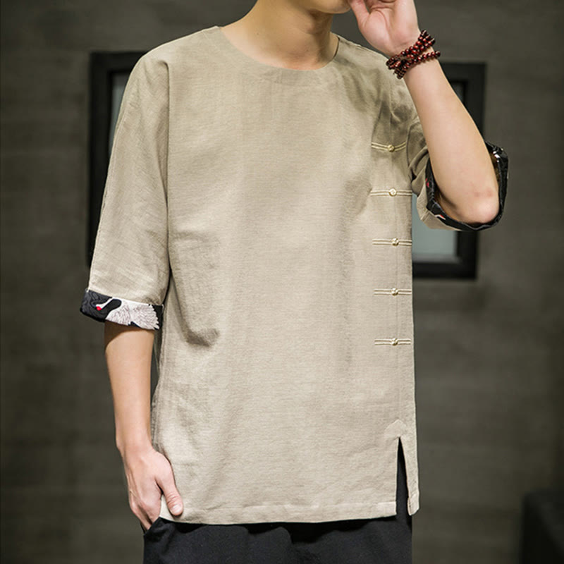 Buddha Stones夏 レトロ 無地 パッチワークデザイン メンズ 七分袖 コットン リネン Tシャツ