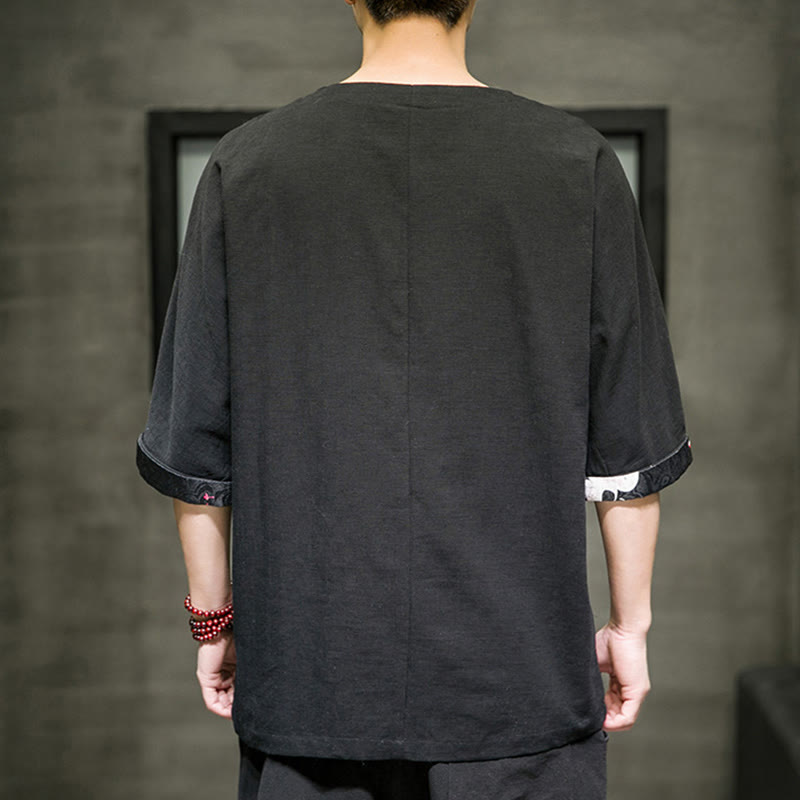 Buddha Stones夏 レトロ 無地 パッチワークデザイン メンズ 七分袖 コットン リネン Tシャツ