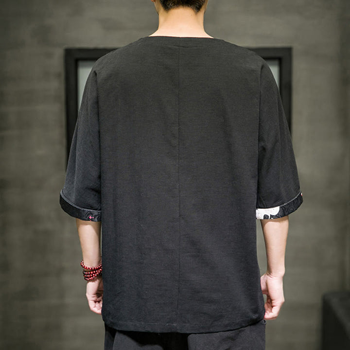Buddha Stones夏 レトロ 無地 パッチワークデザイン メンズ 七分袖 コットン リネン Tシャツ