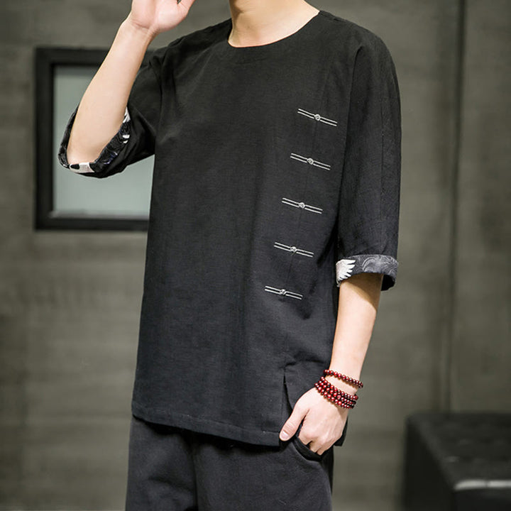 Buddha Stones夏 レトロ 無地 パッチワークデザイン メンズ 七分袖 コットン リネン Tシャツ