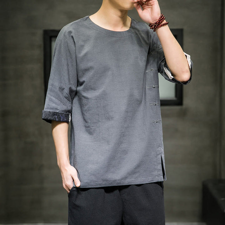 Buddha Stones夏 レトロ 無地 パッチワークデザイン メンズ 七分袖 コットン リネン Tシャツ