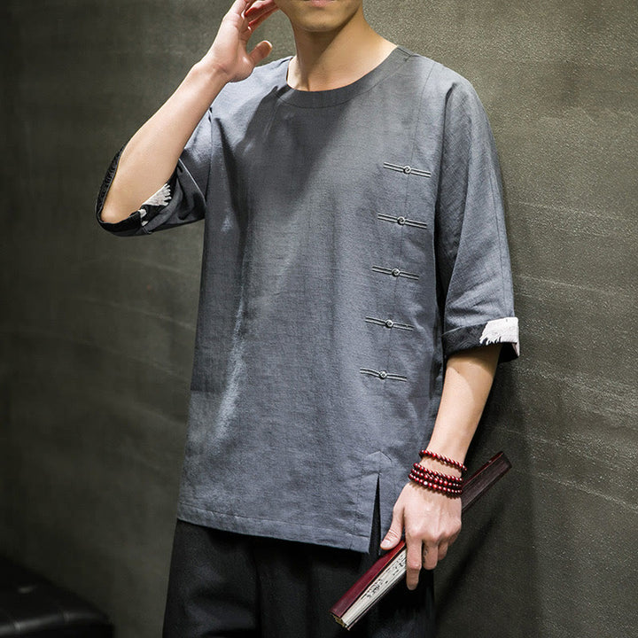 Buddha Stones夏 レトロ 無地 パッチワークデザイン メンズ 七分袖 コットン リネン Tシャツ