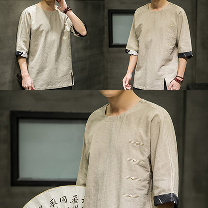 Buddha Stones夏 レトロ 無地 パッチワークデザイン メンズ 七分袖 コットン リネン Tシャツ
