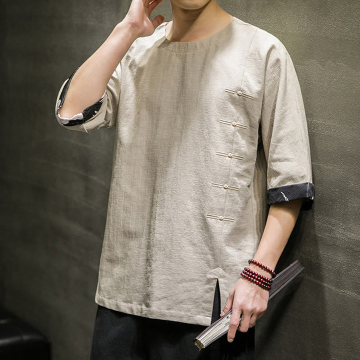 Buddha Stones夏 レトロ 無地 パッチワークデザイン メンズ 七分袖 コットン リネン Tシャツ