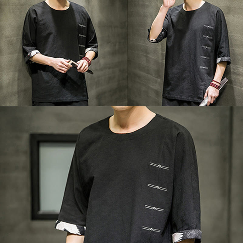 Buddha Stones夏 レトロ 無地 パッチワークデザイン メンズ 七分袖 コットン リネン Tシャツ