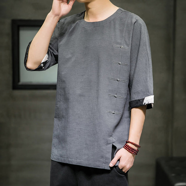 Buddha Stones夏 レトロ 無地 パッチワークデザイン メンズ 七分袖 コットン リネン Tシャツ