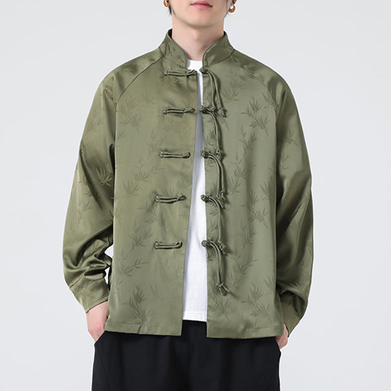 Buddha Stones春ジャカード竹の葉柄中国風カエルボタンデザインメンズ長袖シャツ - image 5