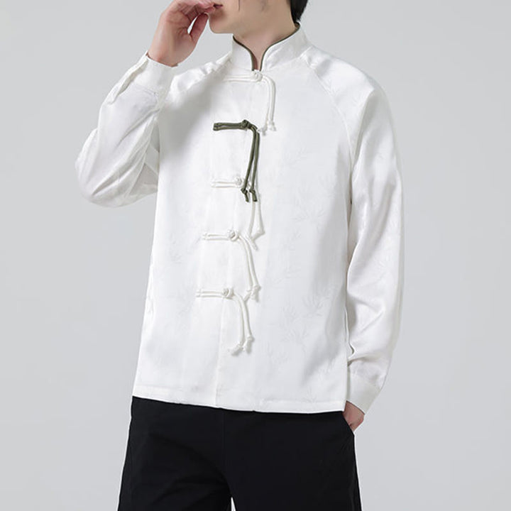 Buddha Stones春ジャカード竹の葉柄中国風カエルボタンデザインメンズ長袖シャツ - image 15